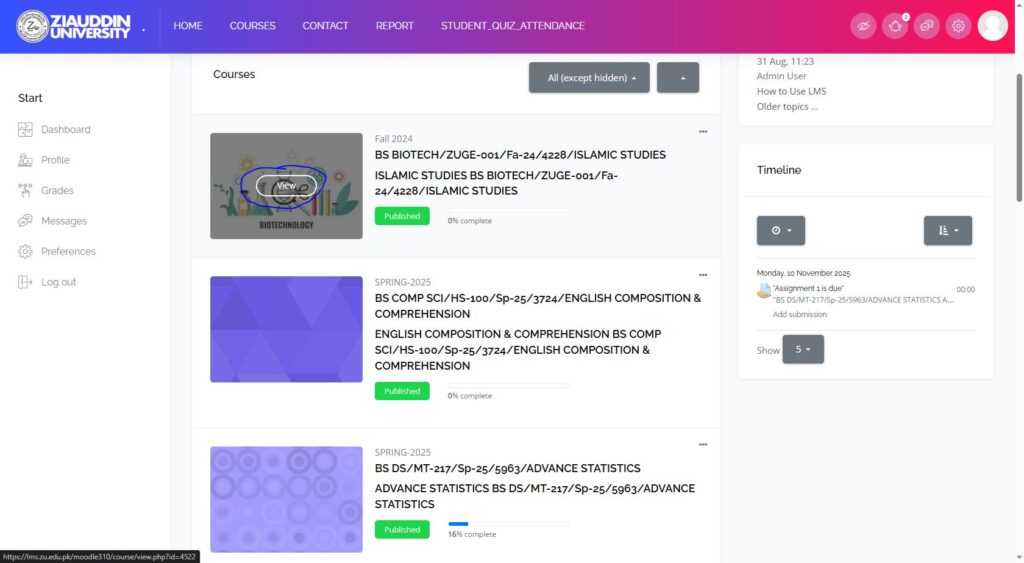 Open and distance learning (ODL) for Students lms dashboard view